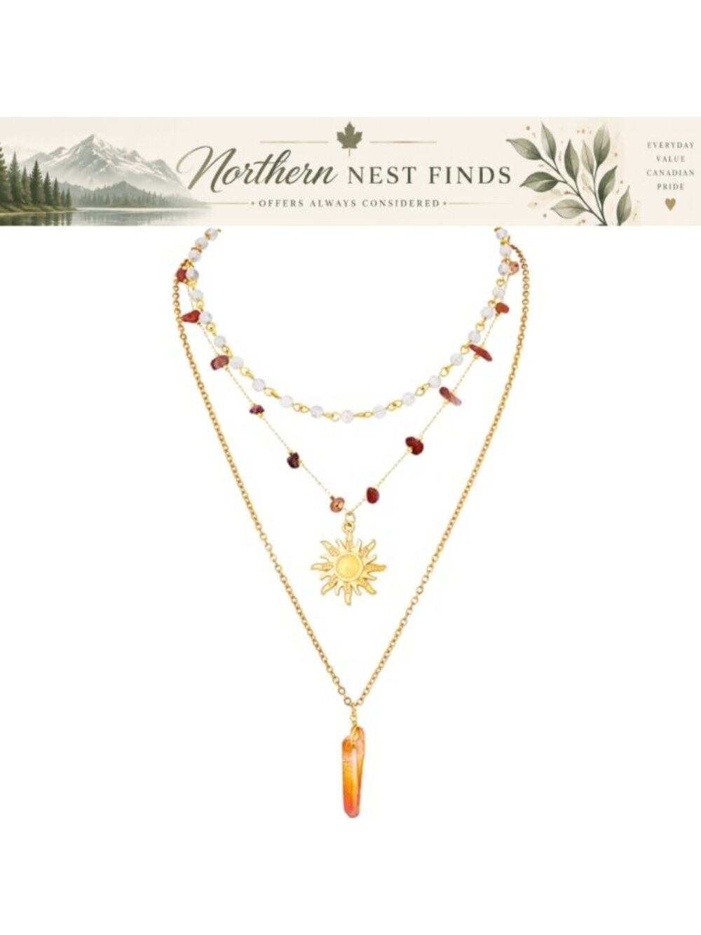 Layered Crystal Sun Necklace Boho Hippie Zinc Alloy Titanium Steel